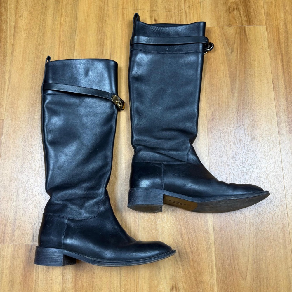 Salvatore Ferragamo Black Leather Gancini Riding Boots Tall Knee High Italy 6.5B
